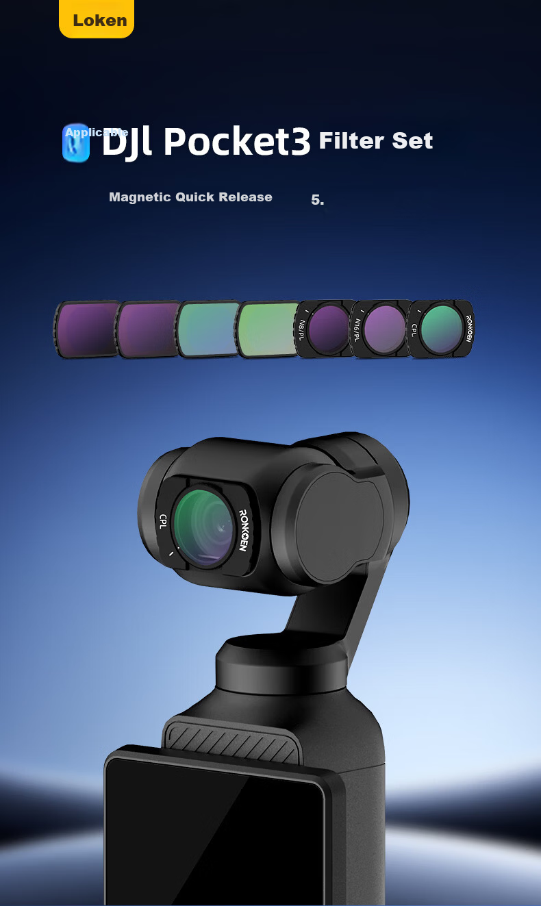 Luoken Magnetic Quick-Release Filter Kit for DJI Pocket 4/3 Camera, Including UV Protective Filter, ND Neutral Density Filter, CPL Polarizing Filter, Macro And Telephoto Lens Filters, And Anti-Light Starlight Filter 1