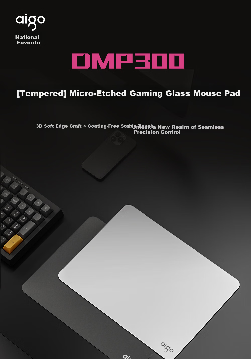 Aigo Glass Mouse Pad DMP300 Micro-Etched Tempered Glass Mat Non-Slip Office Computer Desk Mat Gaming FPS Smooth Mouse Pad Rose Red 1