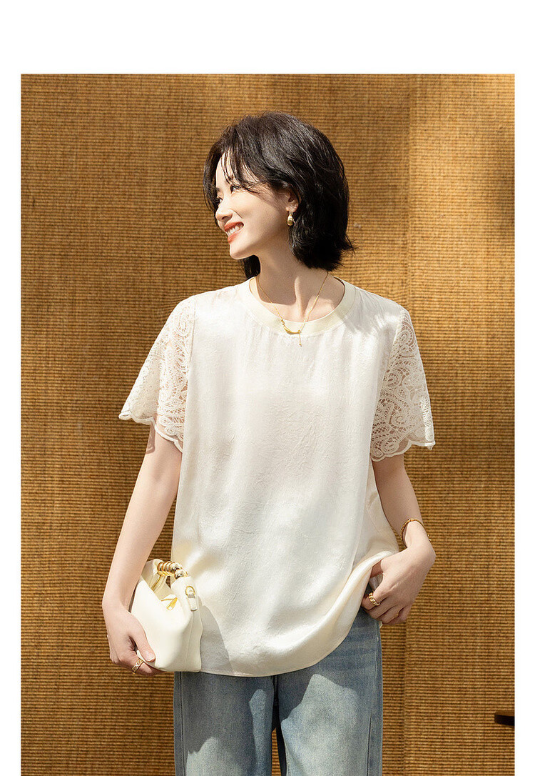Demana [100 Acetate] Summer Glossy Lace Trim Short Sleeve Ribbed Crew Neck Loose Shirt for Women Premium Feel 3