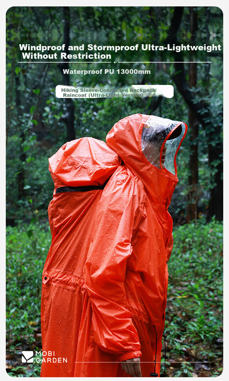 MOBIGARDEN Hiking Sleeved Backpack Raincoat Outdoor Camping Mountaineering Waterproof Ultralight Raincoat NX25690004 Vivid Orange L 1