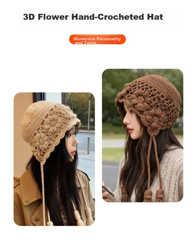 Zhenxiang Women's Spring Autumn Woolen Hat Flower Hand-Crocheted Knit Hat Travel Photo Outfit Valentine's Day Gift Z868 4