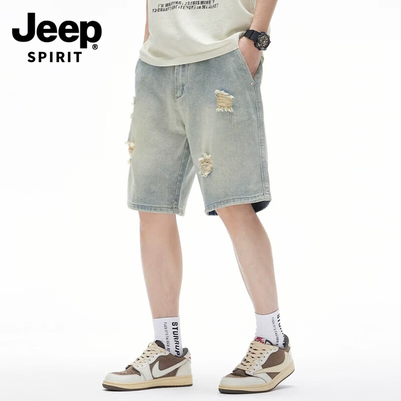 JEEP SPIRIT Men's Trendy Ripped Denim Shorts Vintage Washed American Style Casual Five-Point Pants