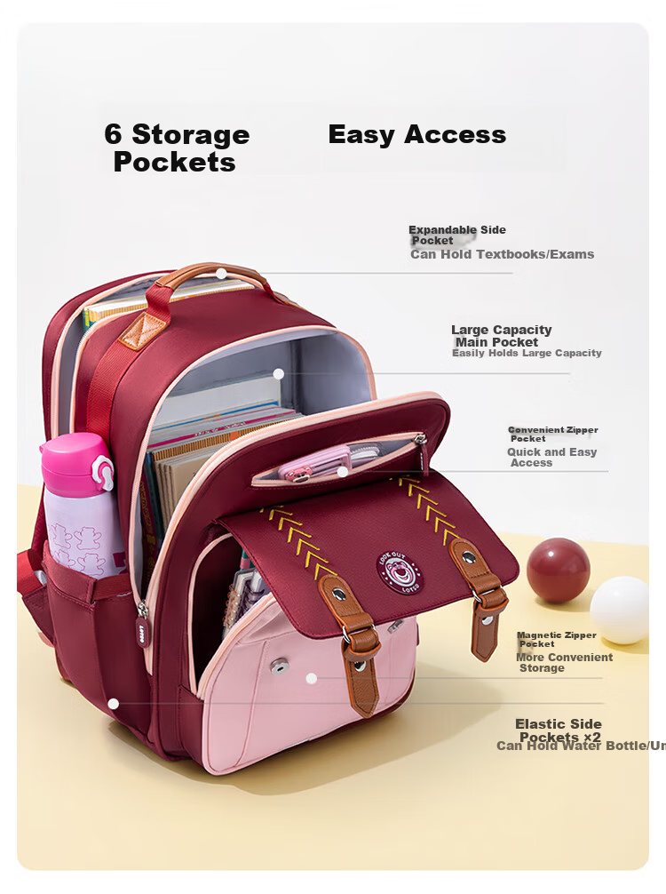 Disney Backpack for Primary School Students Grades 3-6, Spine-Protecting, Load-Reducing, Ultra-Lightweight, Large Capacity, Anti-Drop Children's Backpack for Boys And Girls, Strawberry Bear Desig 16