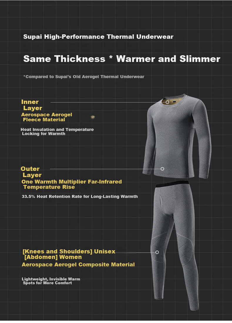 SUPIELD Men's Thermal Set Autumn Winter Knee Aerogel Fleece Dual Cold Protection Particle Gray 4XL 2