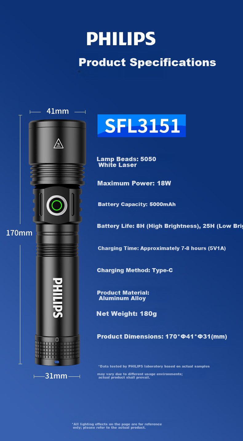 PHILIPS Portable High-Power Flashlight Military-Grade Long Battery Life 200000 Lumens Home Emergency Rechargeable Patrol Outdoor 3151 14