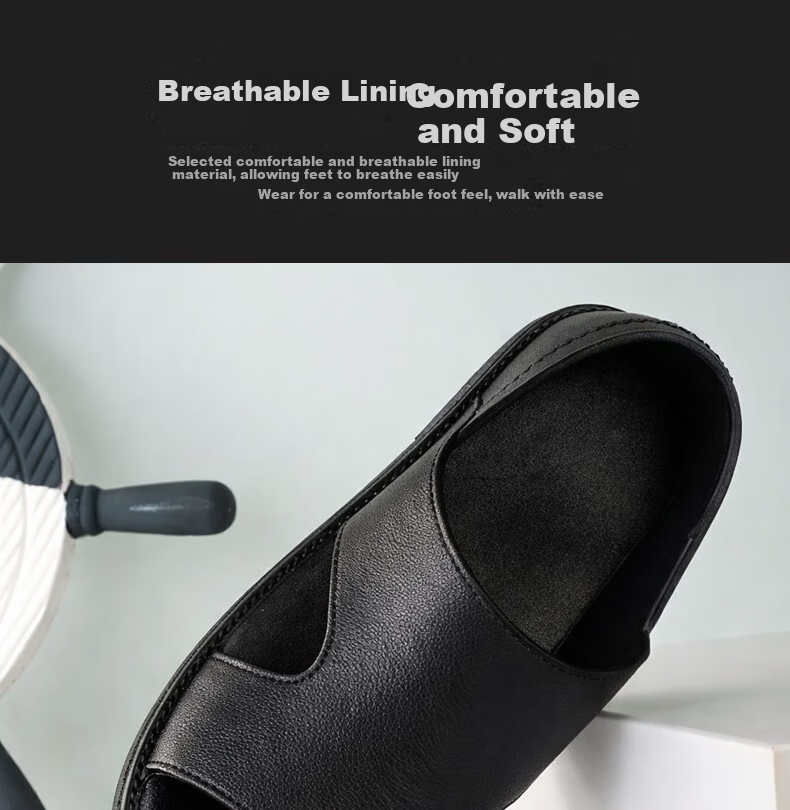 FOOTOPPO Men's Summer Leather Sandals Open Toe Hollow Breathable Non-slip Odor-resistant Soft Sole Outdoor Beach Shoes Black 6