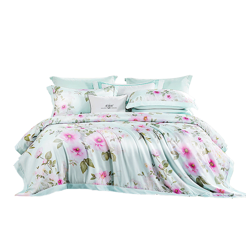 FUANNA Bedding Set 4-Piece 60s Tencel Class A Printed Summer Set Lyocell Cooling Summer Sheet Quilt Cover Double Extra Large 230*229cm
