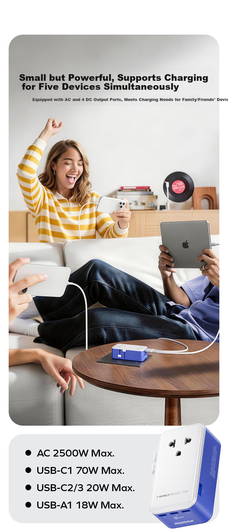 Momax Ultra-Thin 25W Global Universal Travel Adapter Multi-Country Converter Socket for Overseas Study and Travel Hong Kong Macau Japan Korea Europe UK US AU Standard Multi-Functional Socket Gray 6