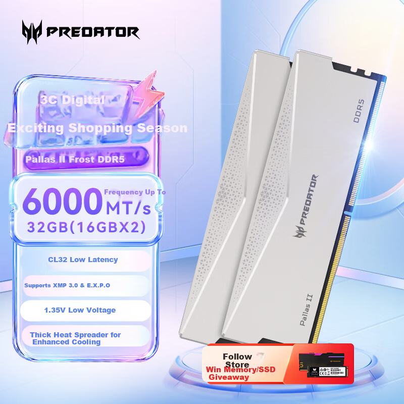 PREDATOR 32GB (16GB×2) DDR5 6000MHz Desktop Memory Pallas II Frost Series (C32) Starlight Silver AI Computer Accessories