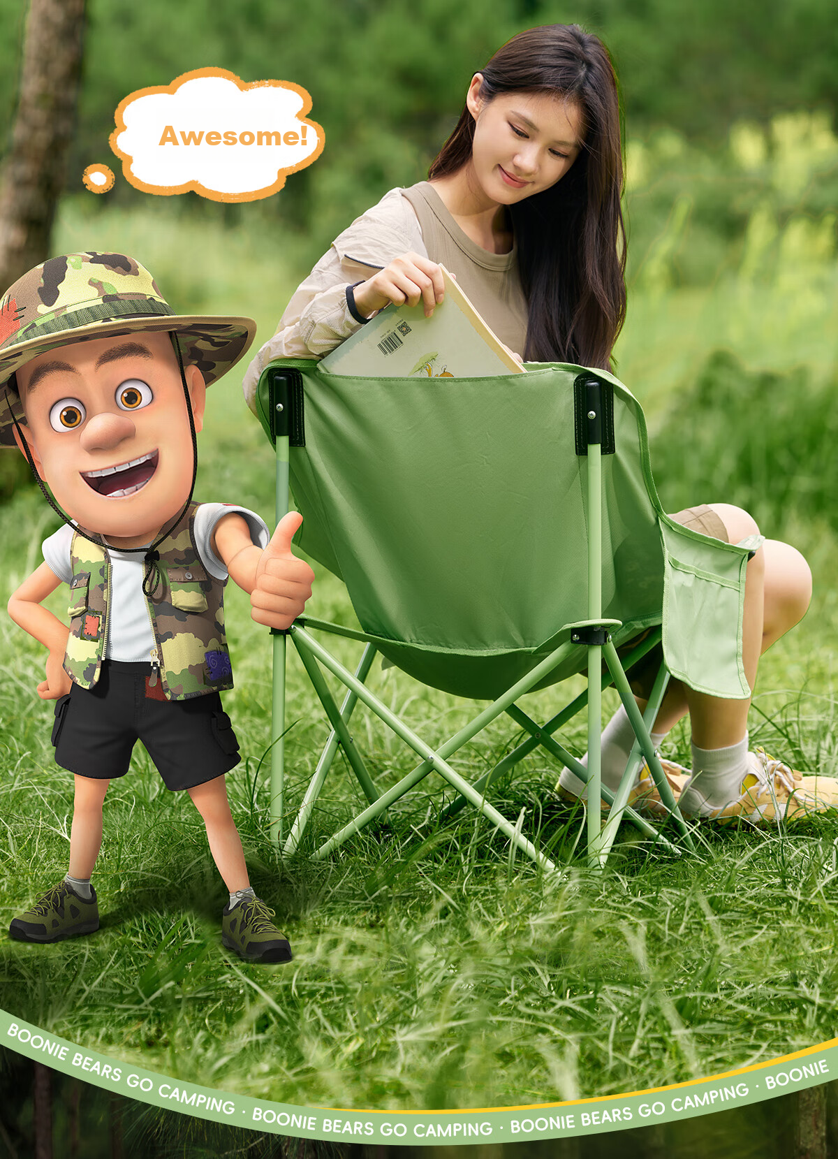 CAMEL × Boonie Bears Moon Chair Folding Stool Outdoor Camping Fishing Sketching Comfortable Portable Chair 11