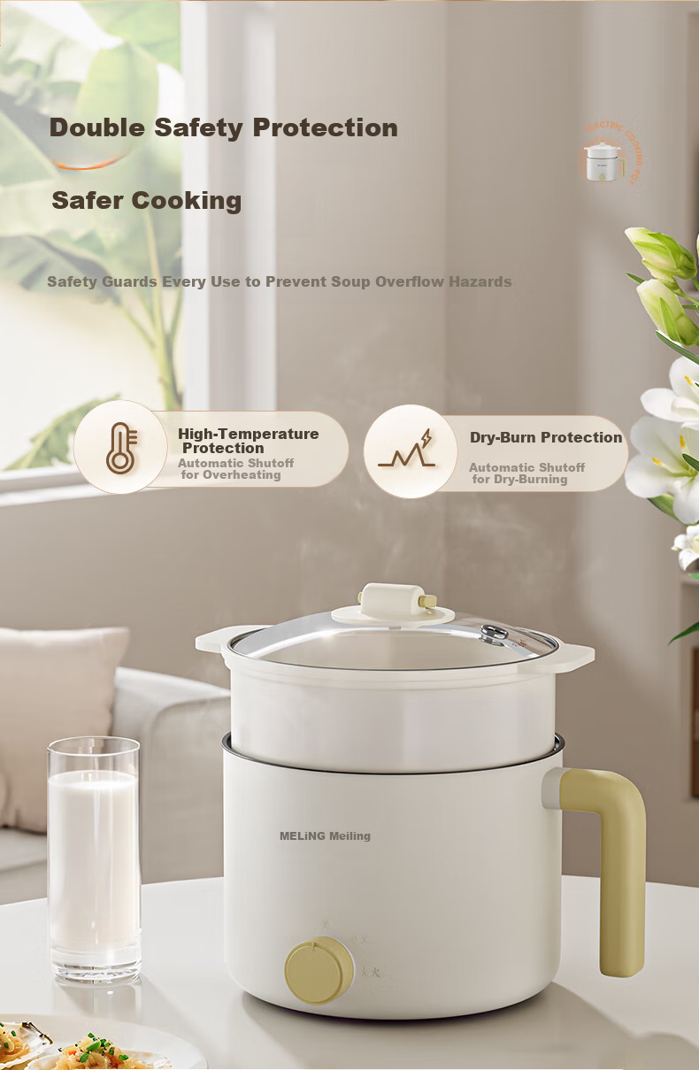 MeiLing Electric Cooking Pot Electric Steamer 1-2 Person Small Electric Pot Multifunctional Student Dormitory Mini Pot Instant Noodle Pot 1.7L Electric Hot Pot Frying and Boiling Combo MT-DY12309Z wit 9