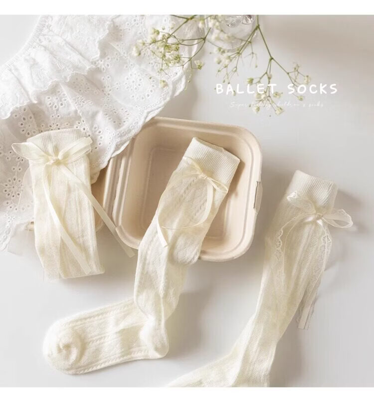 Yuzhaolin 3 Pairs Girls' Long Tube Socks Summer Thin Children's Socks Bowknot Princess Calf Socks Mid-Tube Ruffled Socks for Girls 5