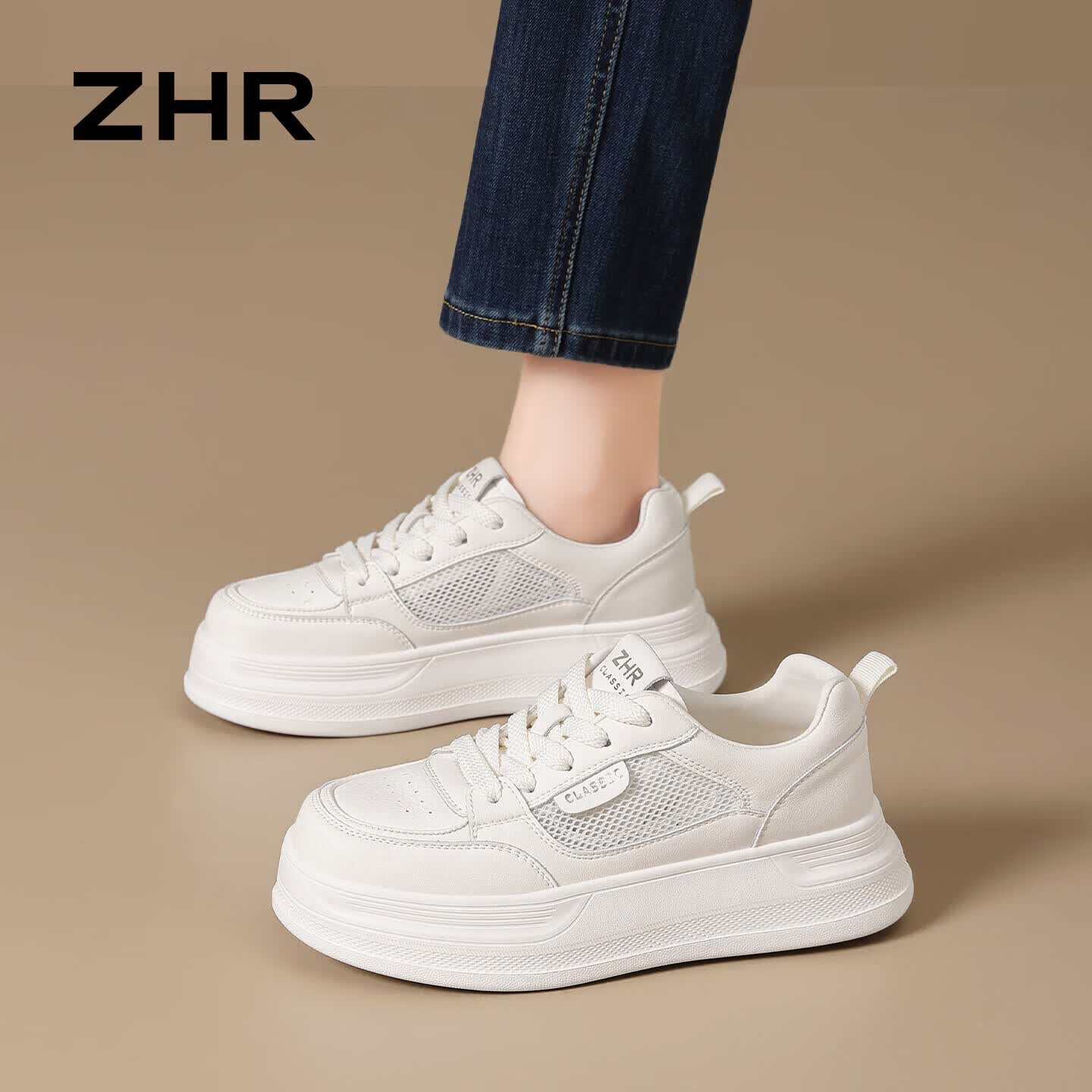 ZHR Thick Sole White Sneakers for Women 2026 New Lightweight Versatile Casual Height Increasing Shoes AL29 Off-White Size 37