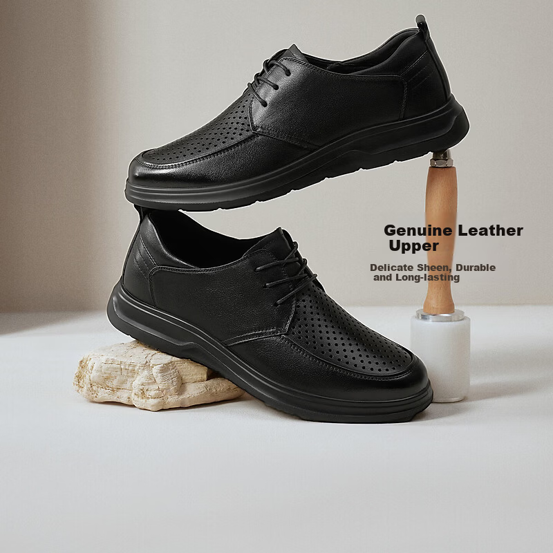 BASTO 26 Summer Comfortable Leather Shoes Perforated Breathable Business Formal Commuter Casual Men's Leather Shoes 67W15BM6 Black Size 40