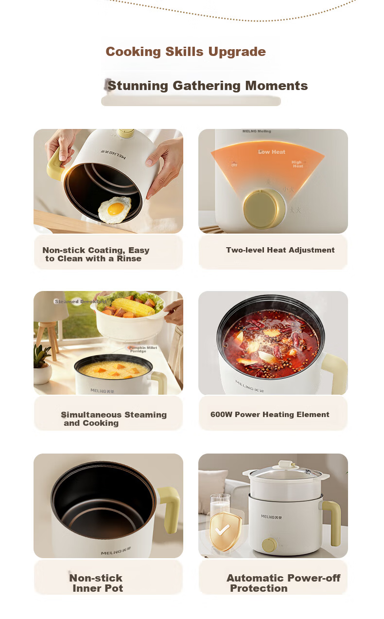 MeiLing Electric Cooking Pot Electric Steamer 1-2 Person Small Electric Pot Multifunctional Student Dormitory Mini Pot Instant Noodle Pot 1.7L Electric Hot Pot Frying and Boiling Combo MT-DY12309Z wit 4