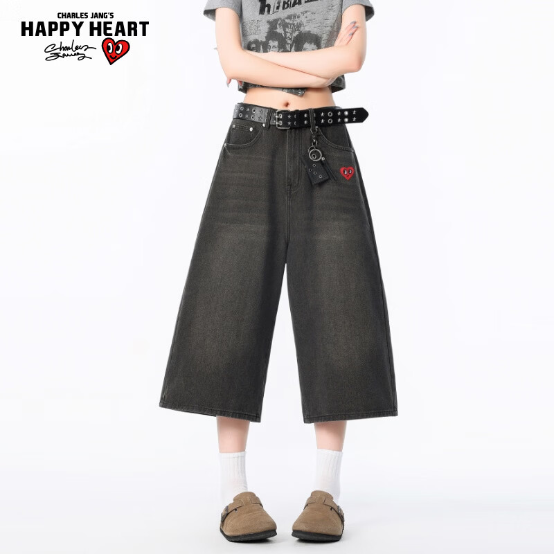 Charles Heart American Vintage Washed Gradient Denim Cropped Pants Mid-Waist Loose Wide-Leg Slimming Versatile Shorts Oxidized Black S