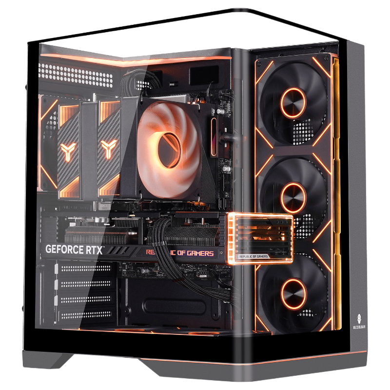 Wanjia Wenjie Black Integrated Curved Glass Seaview Room ATX Gaming Desktop Case with 240mm Water Cooling, Triple Side Tempered Glass, ARGB Light Strips