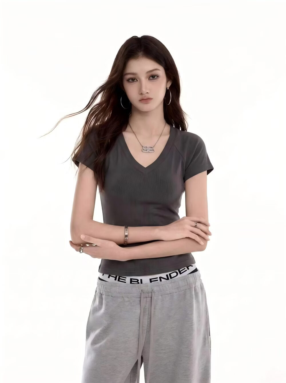 ICH MODE American Slim Fit V-Neck Shoulder Short Sleeve T-Shirt Women Summer New Slim Short Hot Girl Half Sleeve Top Dark Gray M 9
