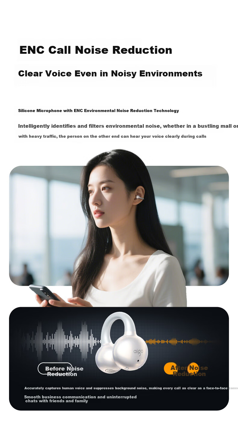 Aigo Bluetooth Clip-On Bone Conduction Wireless Noise-Cancelling Non-In-Ear Headphones for Kids Compatible with Xiaomi Apple CA05Plus Standard Edition White 4