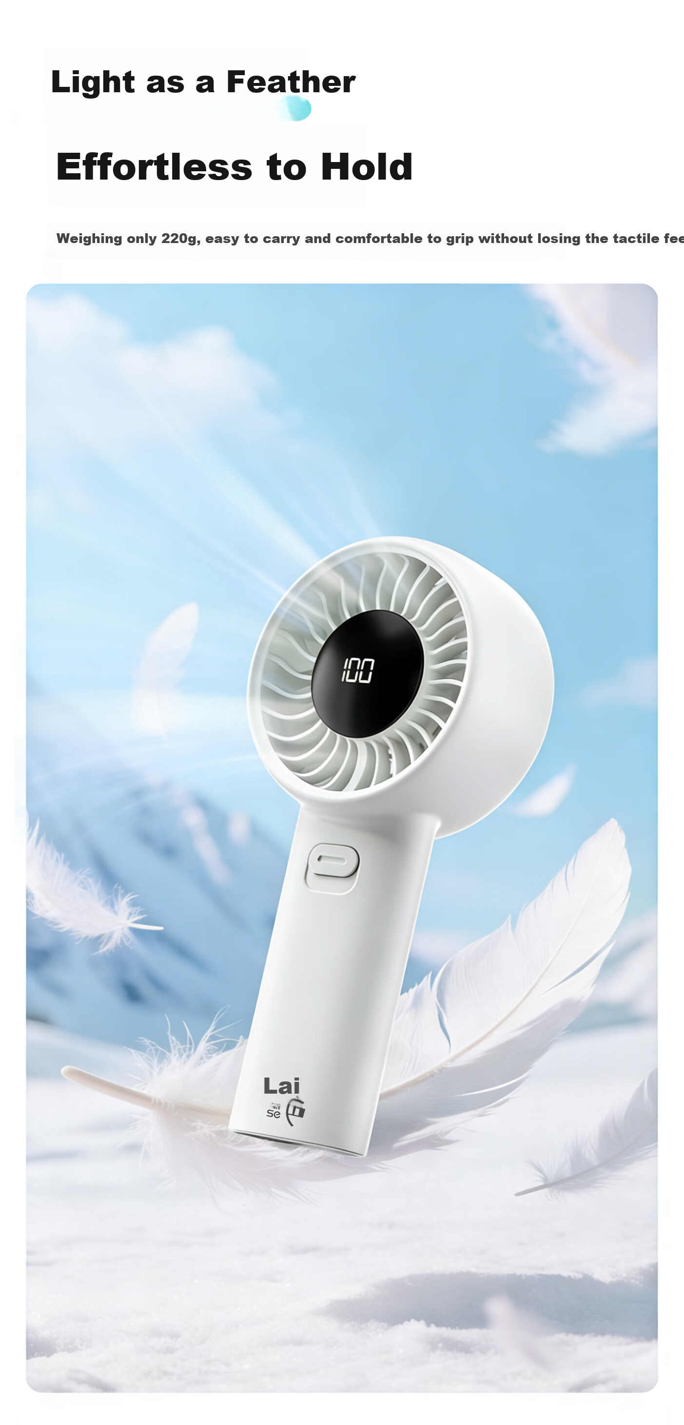 Laise Handheld Mini Fan, Portable USB High-Speed Energy-Saving Powerful Electric Fan for Student Dormitory And Office, Rechargeable Personal Small Fan, 3600mAh - White 3