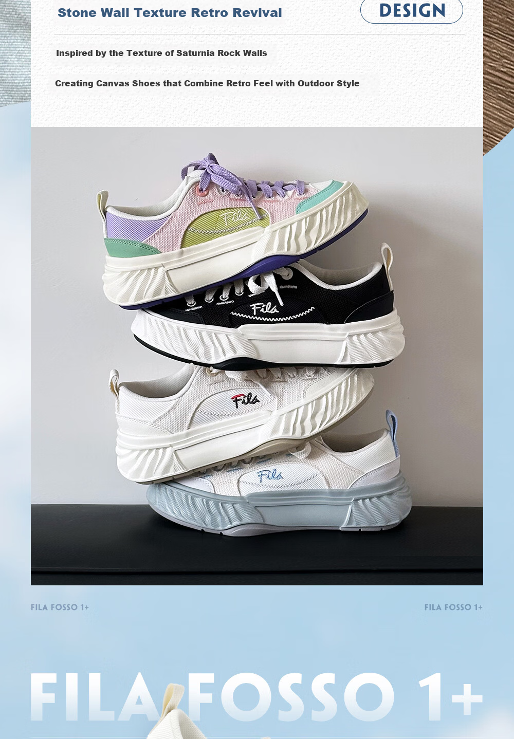 FILA Official Women's Shoes FOSSO 1+ Canvas Shoes 2026 Summer Rock Walking Shoes 1+ Fashion Casual Shoes 2