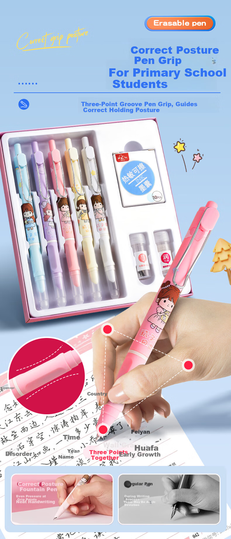 Luoshi [Student Birthday Gift], Exam-Specific Fountain Pen, Erasable Thermal Paper, Ergonomic Design for Primary School Students, High-Quality Metal Pen for Third Grade, Replaceable Ink Cartridge, Astronaut Design, 6 Pens Per Set 4