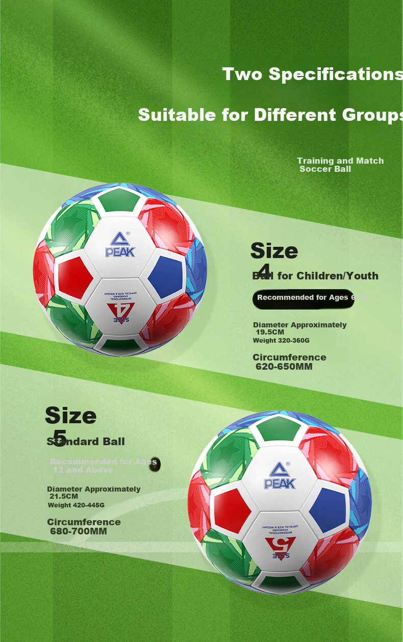 Peak Soccer Ball Size 4 for Children and Adults, Standard World Cup Match Training Ball for Youth, Primary School, and Preschool 6