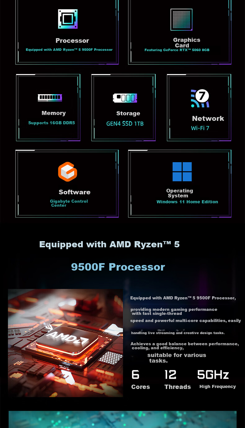 GIGABYTE AORUS PRIME5 Deep Learning Video Editing Rendering Design Gaming Lobster OpenClaw PC 9800X3D/RTX5070Ti/32GB/2TB 3