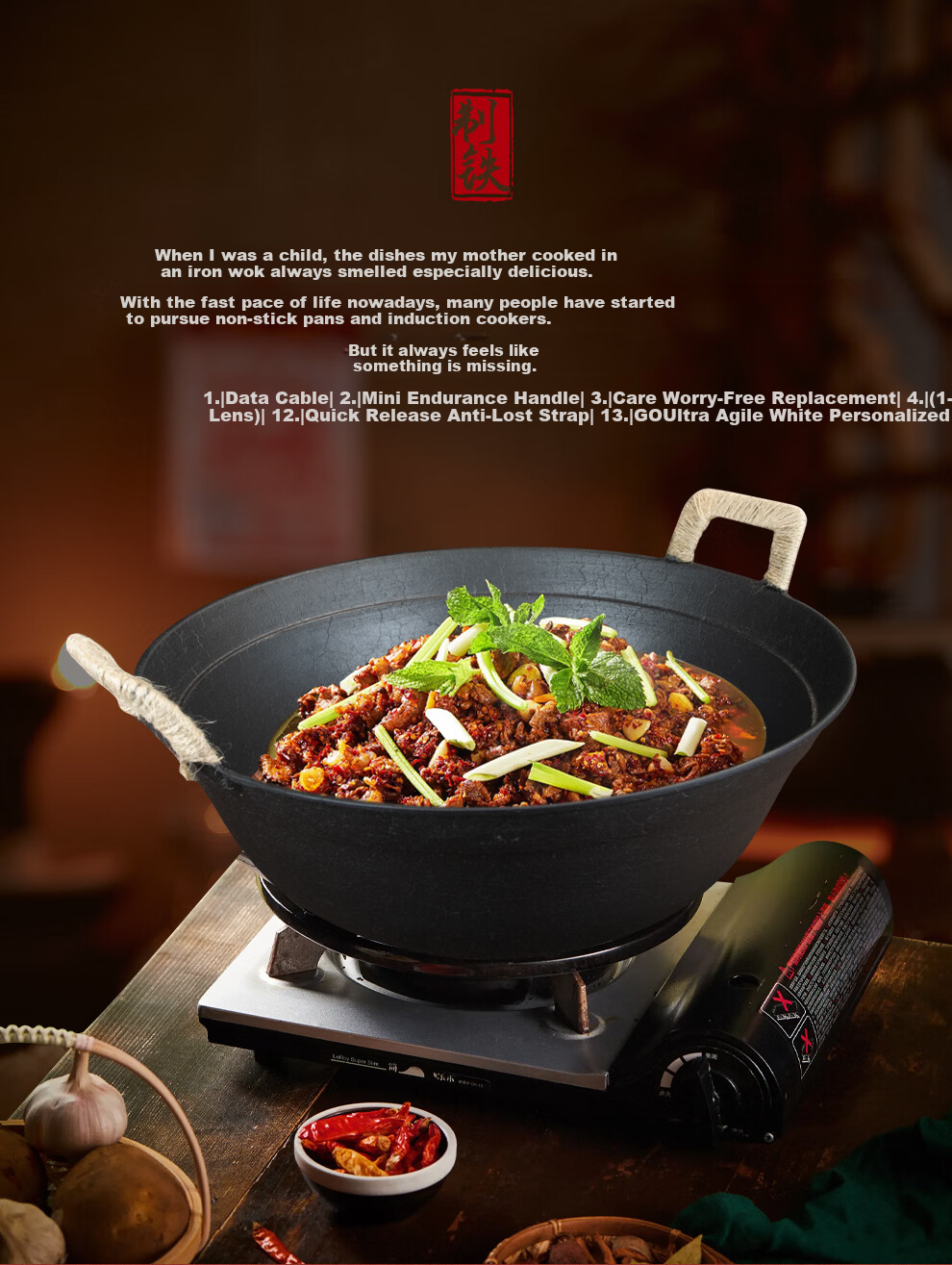 Jitie Hammer Cast Iron Wok Double-Handle Traditional Round Bottom Su Guo Wang Uncoated Turtle Pattern Large Belly Stir-Fry Pan Cast Iron Wok 34cm 4