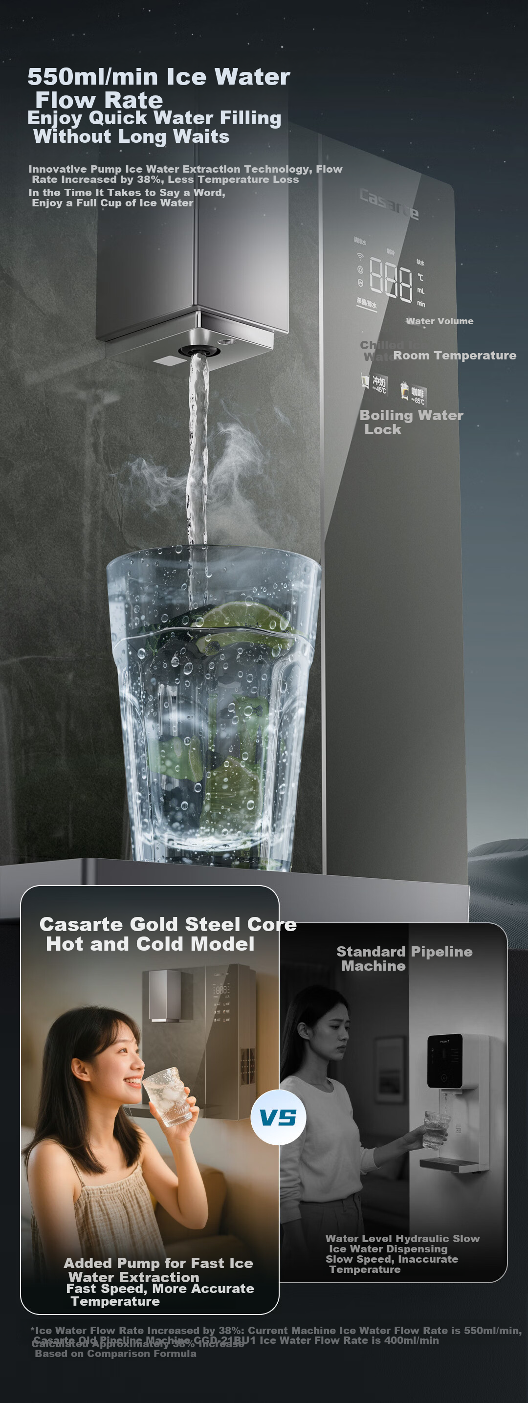 Casarte Wall-Mounted Pipeline Machine Zhijing Golden Steel Core Hot and Cold Household Dining Cabinet Water Dispenser Main Pipeline Stainless Steel 0 Silicone Odorless High Flow 8°C Ice Water Purifier 6