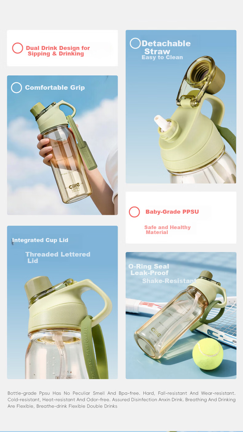 Cille PPSU Plastic Sports Water Bottle Large Capacity Double Drinking Cup with Straw for Children, Students, and Pregnant Women Shaker Bottle 2