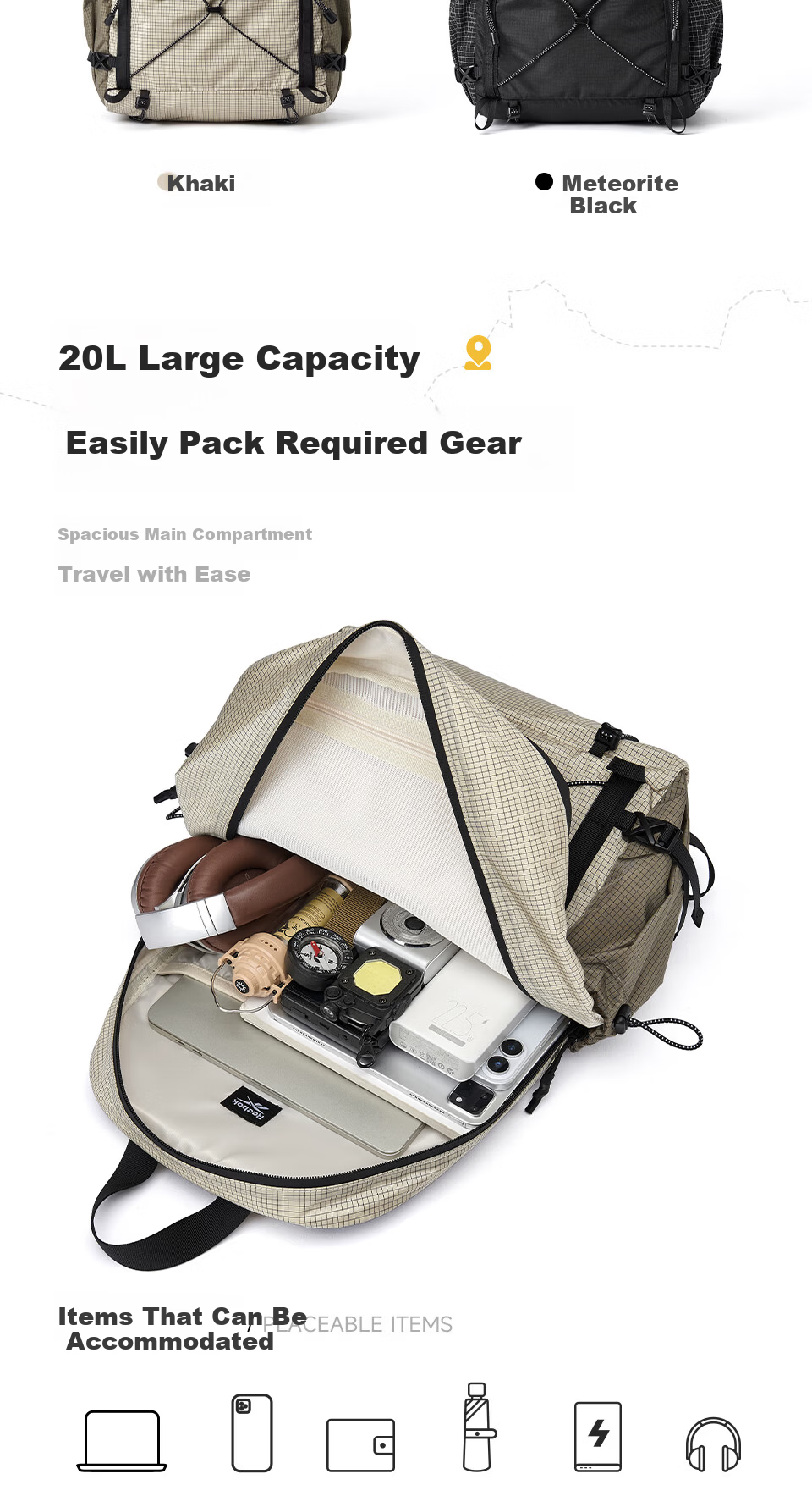 Reebok Lightweight Sports Hiking Backpack Men 2026 New Large Capacity Outdoor Double Shoulder Bag Women Khaki 3