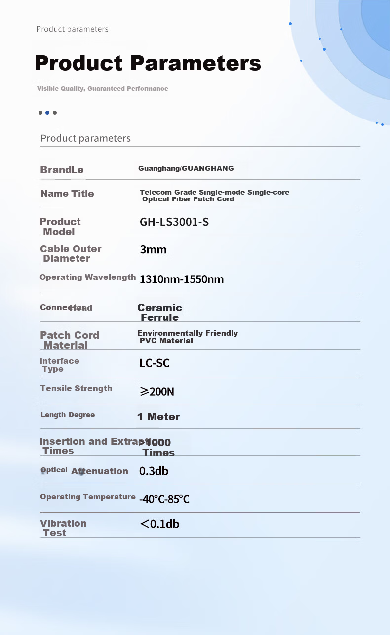 Guanghang Telecom Grade Optical Fiber Patch Cord LC-SC Single Mode Single Core 3.0mm Indoor Optical Fiber Cable Low Smoke Halogen-Free Eco-Friendly Jacket Transceiver Pigtail 1 Meter GH-LS3001-S 2