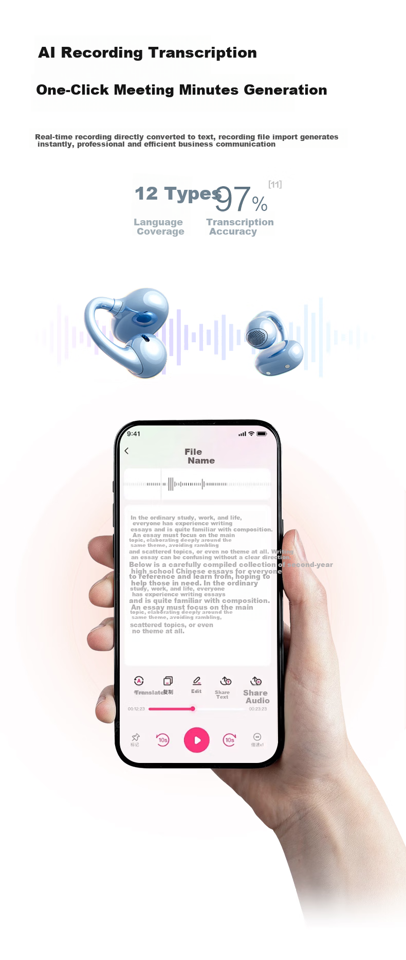 Tangmai Q5 Open-Ear Clip-On Bluetooth Bone Conduction Wireless AI Translation Sports Running Sweatproof Gaming Low Latency Long Battery Life Noise Cancelling Valentine's Day New Year Gift Blue 27