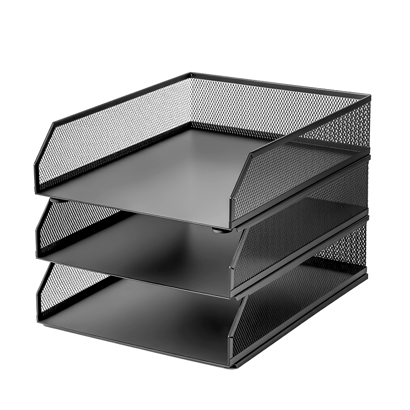 Deli Stackable Metal File Organizer, Document Tray, Bookend Rack, Multi-Layer Office Desk File Storage Box, File Basket, Storage Shelf, Four-Tier Black PB260