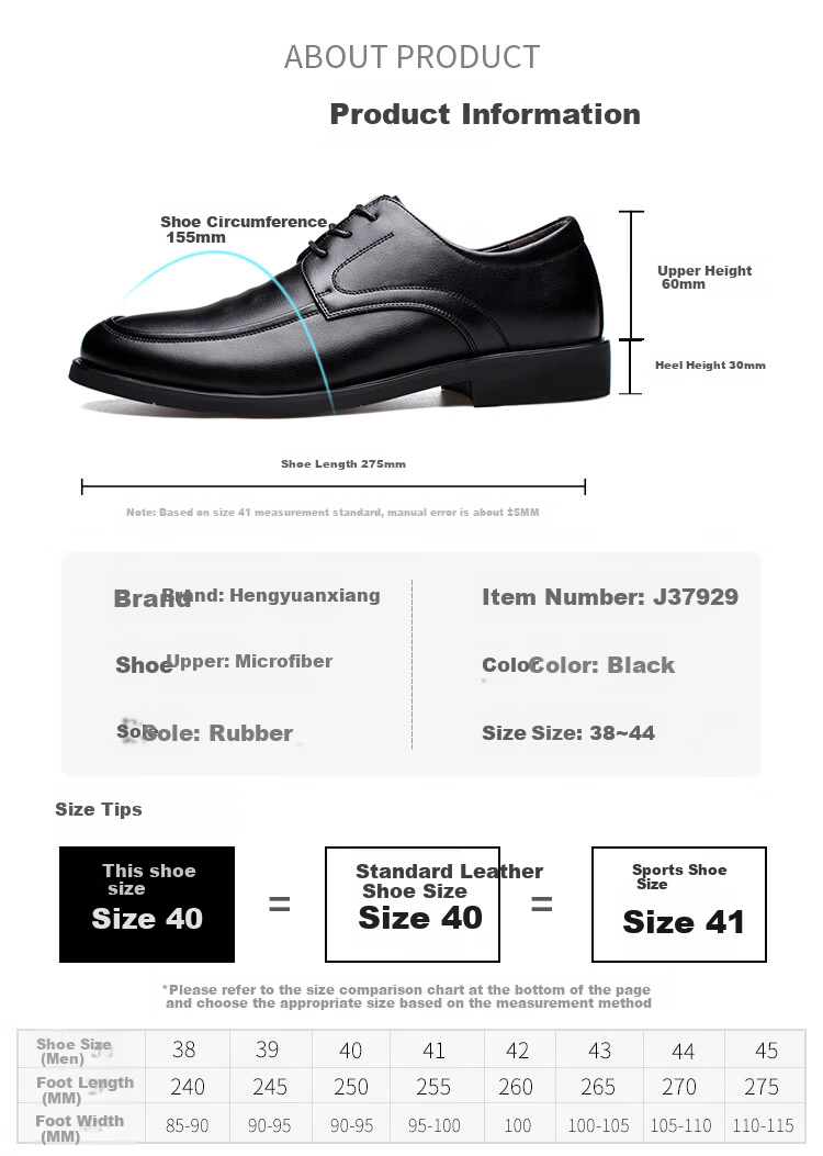 Hengyuanxiang Men's Leather Shoes Business Casual Lace-up New Formal Derby Work Wedding Shoes J37929 Black 38 4