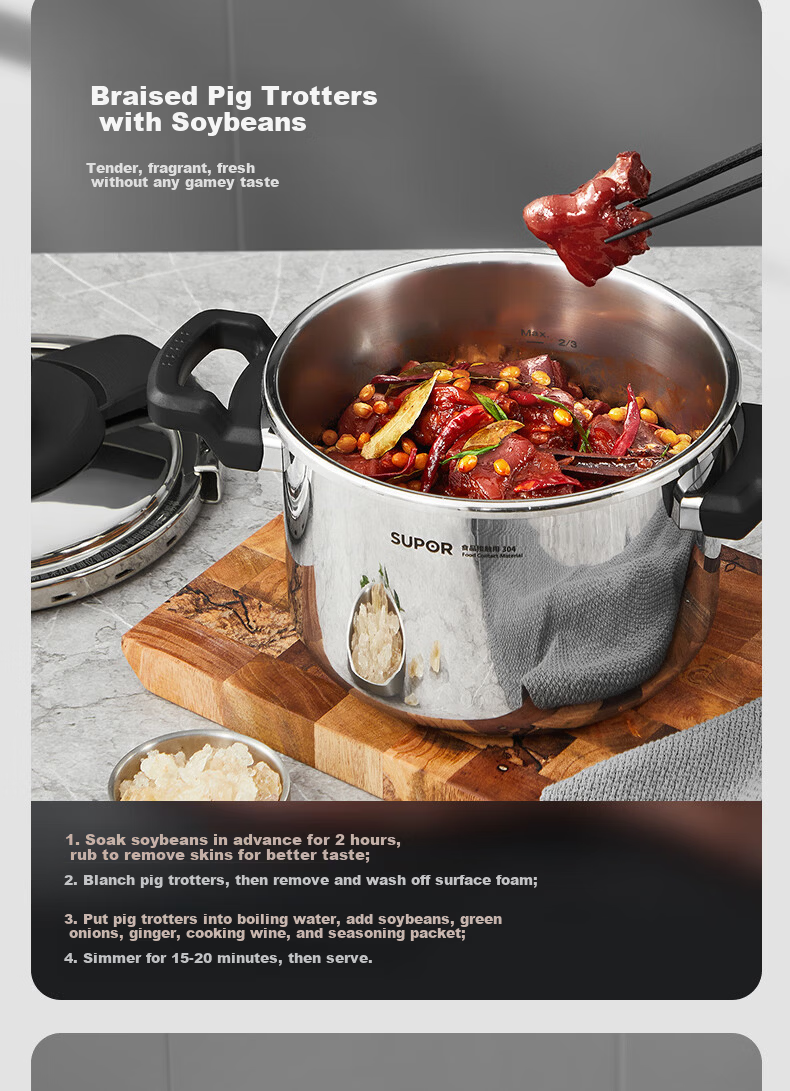 SUPOR 22cm 5.7L 304 Stainless Steel Pressure Cooker High-Pressure Gas and Induction Cooker Compatible Explosion-Proof One-Touch Opening Home Use 9