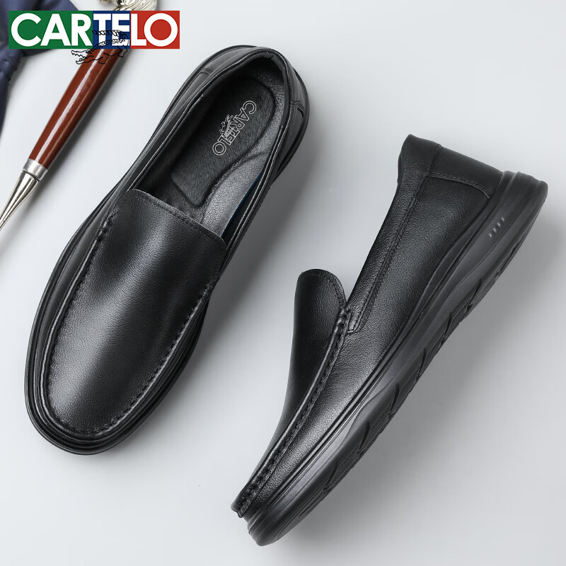 CARTELO First Layer Cowhide Men's Summer Loafers Breathable Slip-On Casual Leather Shoes KG22 Black Size 43