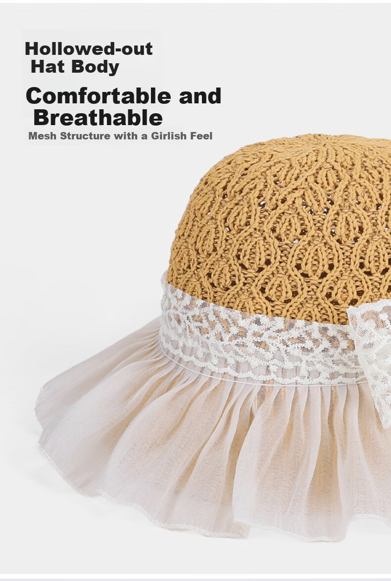 GLO-STORY Women's Lace Bow Straw Hat Summer Breathable Wide Brim Sunshade Sunscreen Beach Hat 3