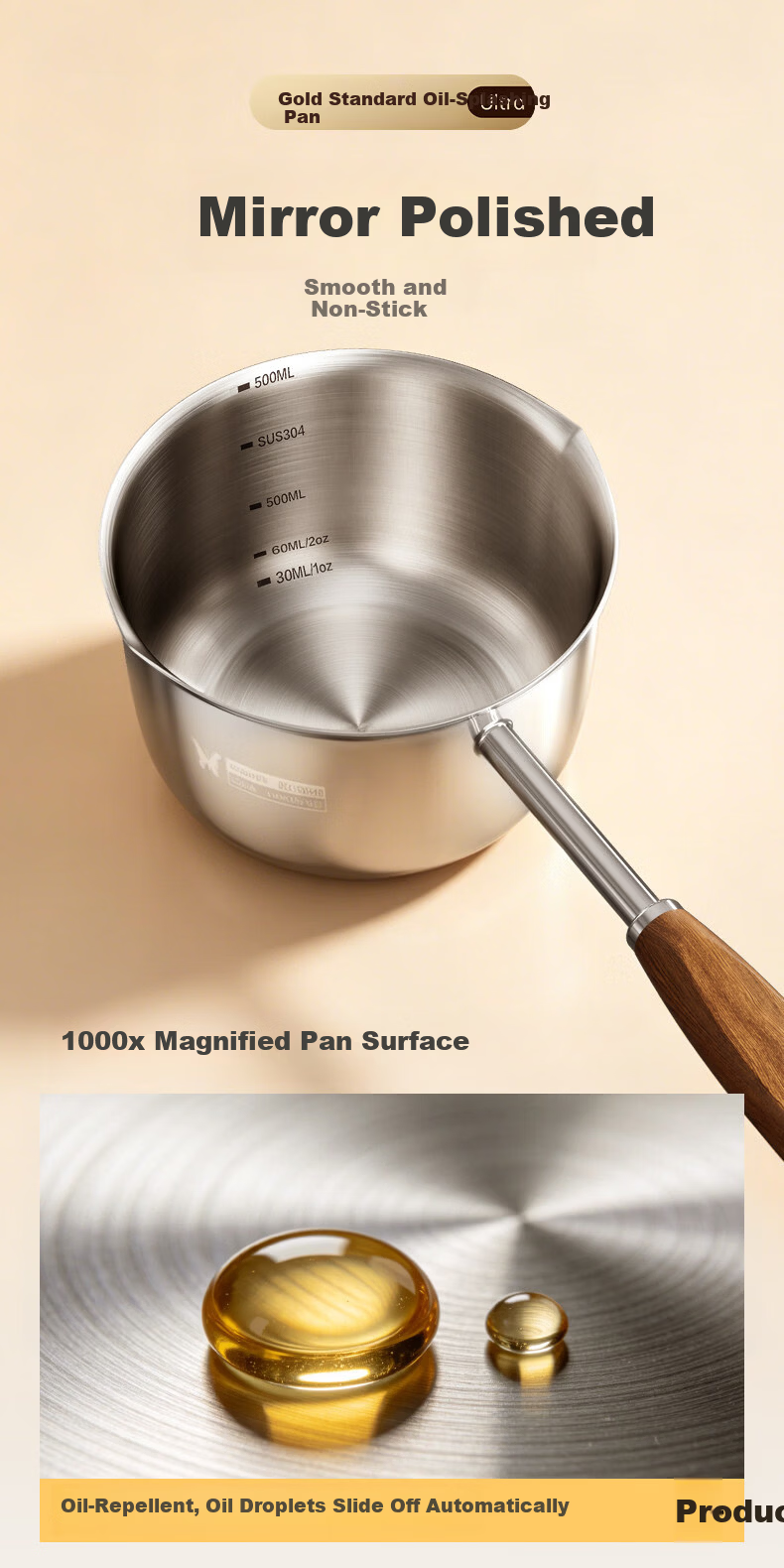 Suncha 304 Stainless Steel Oil Pouring Small Pot with Wooden Handle, No Coating, Heat-Resistant, 300ml 8