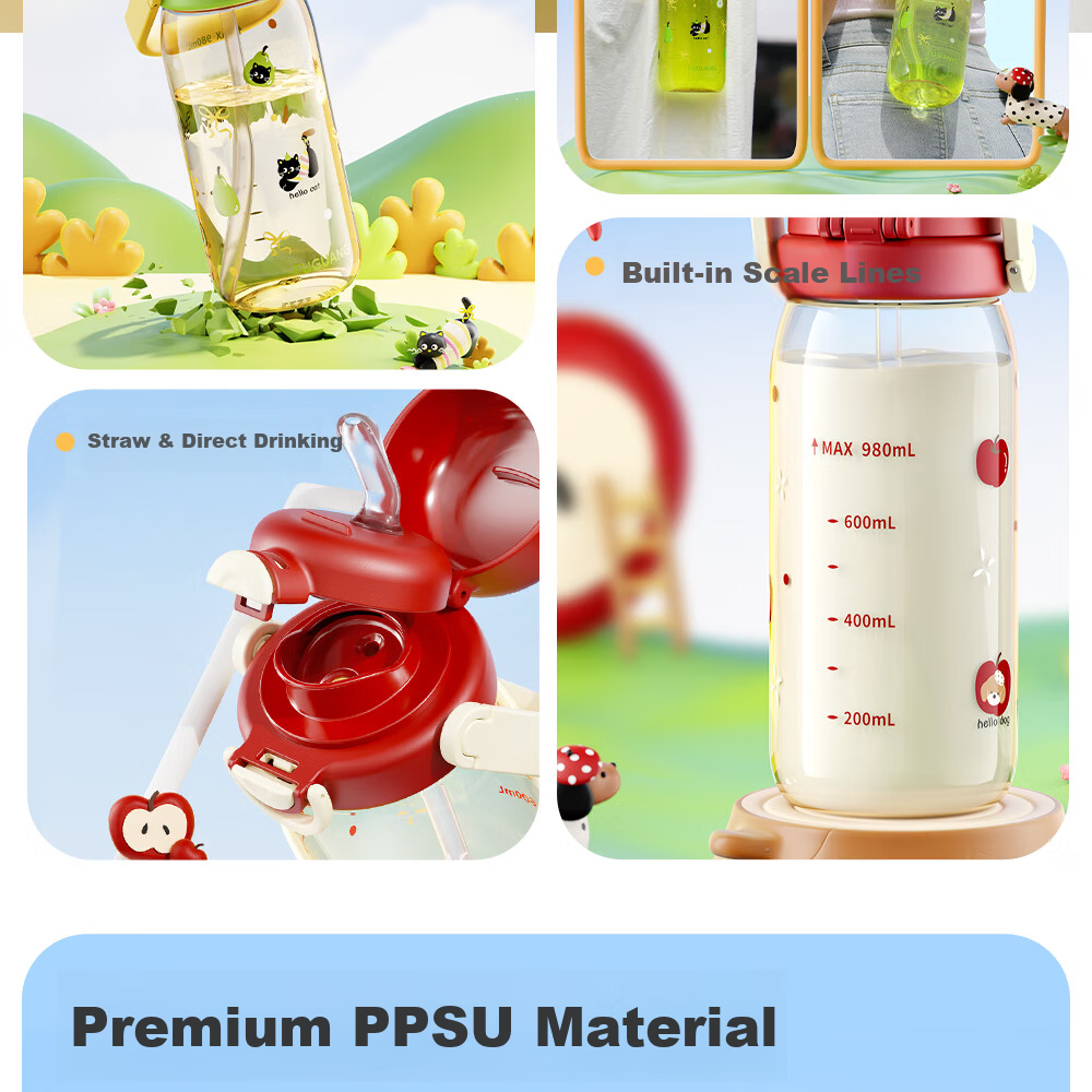 Fuguang PPSU Water Bottle Children's Student Portable Large Capacity Dual Drinking Flask Summer Carry Handle Backpack 980ml 2
