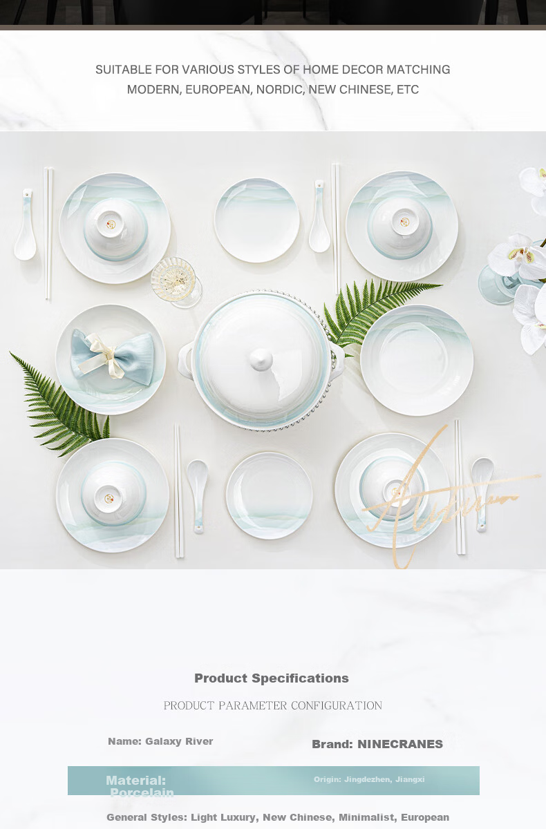 NINE CRANES Ceramic Tableware Set Home Use Jingdezhen Modern Simple Bowls and Plates Couple Full Set 4