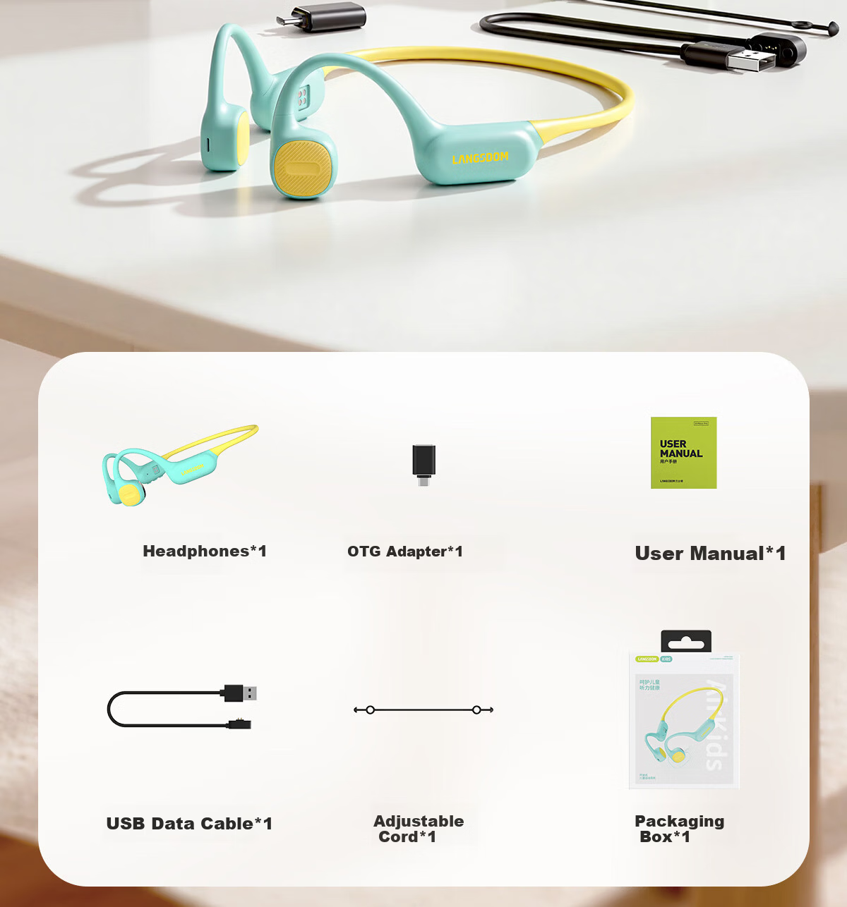 Langston AirKids Bone Conduction Bluetooth Earphones for Kids and Adults, Sports Running Earbuds, Non-In-Ear, Hearing Protection, Student Online Class, Compatible with Apple, Green Elf 31