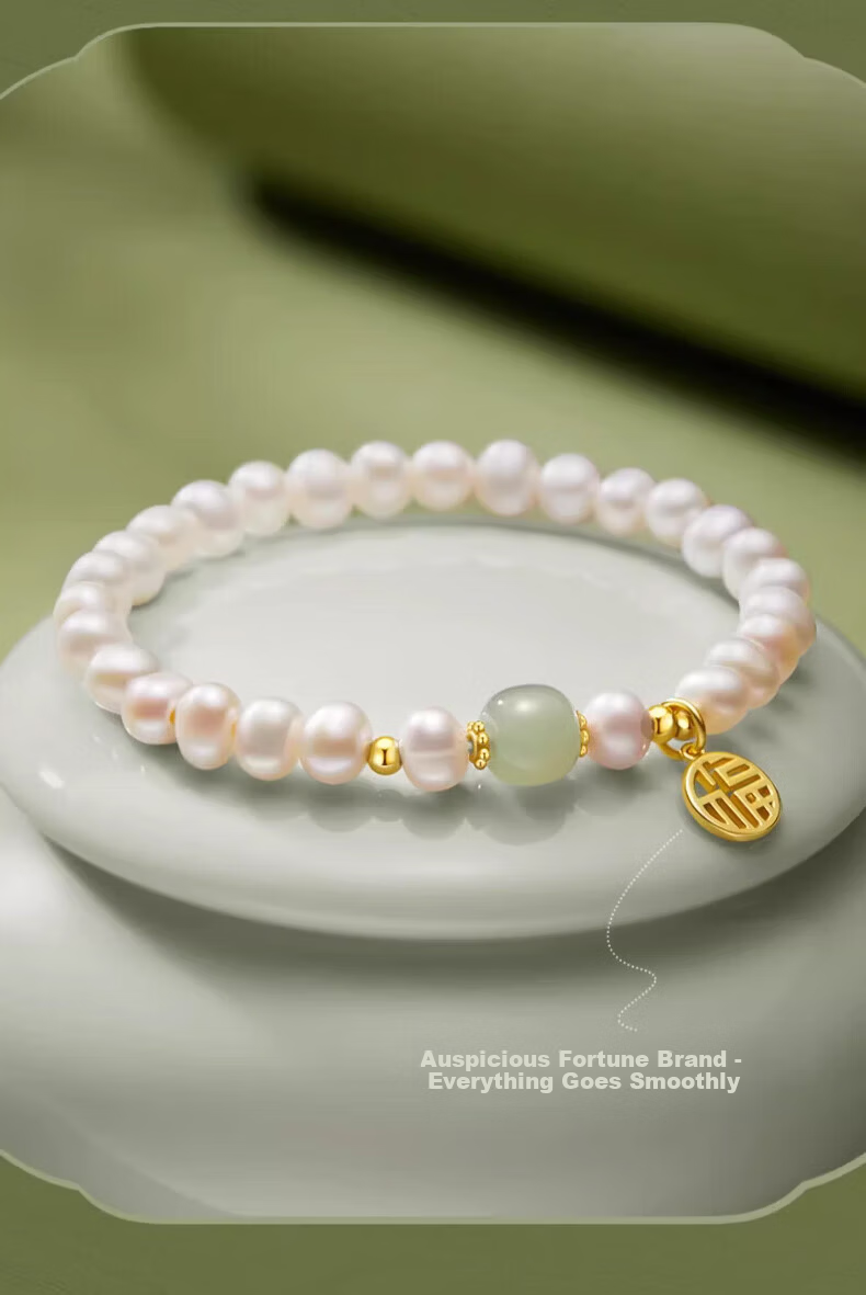 Chow Tai Fook Shi Jiazhen Pearl Bracelet Women's Light Luxury Fu Pendant Hetian Jade Bracelet Birthday 520 Valentine's Day Gift for Girlfriend 7
