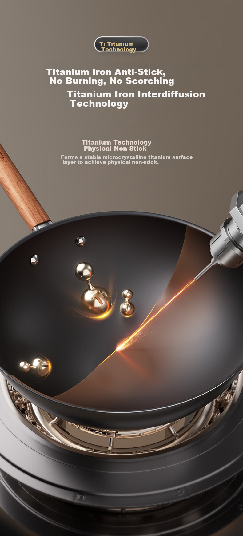 ASD Magic Titanium Iron Non-Stick Wok 30cm No Coating Compatible with Induction Cooker 2