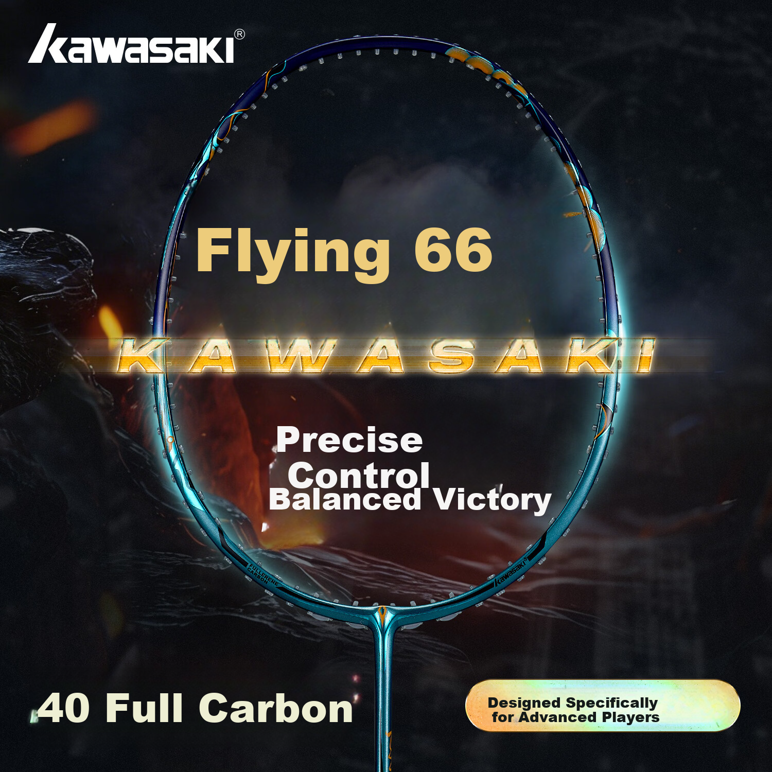 KAWASAKI Badminton Racket Feitian 66 Full Carbon Single Racket 4U Balanced for Attack And Defense Competition Training Racket Canglan Qing (Strung)