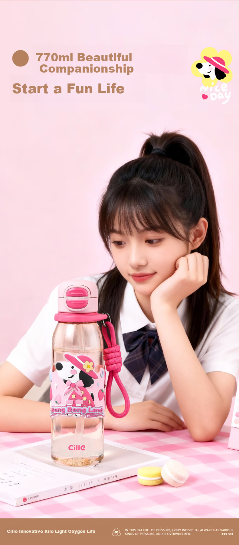 Cille Children's Water Bottle Portable Dual-Use PPSU Plastic Drinking Cup for Girls School Backpack Baby Durable High-Temperature Resistant 5