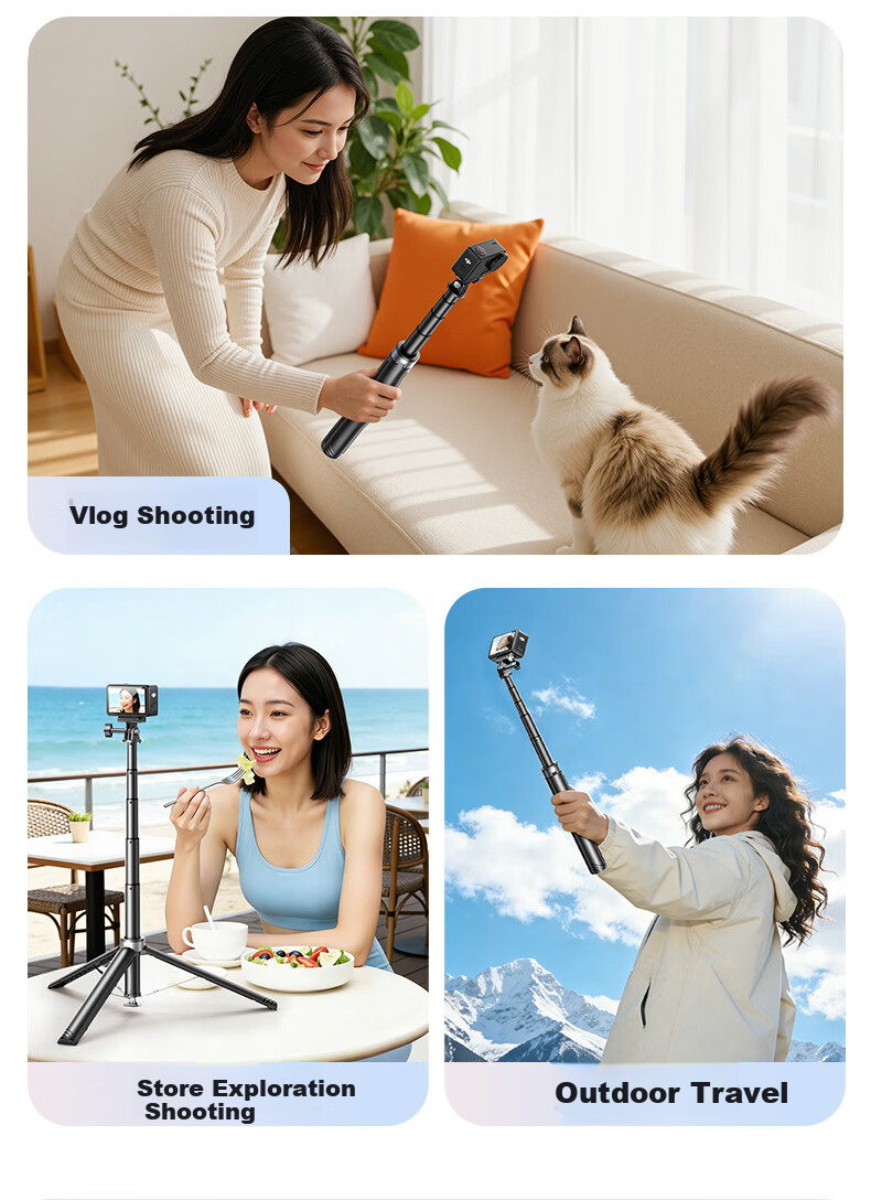 JIAHUACAI 1.6m Extension Selfie Stick Tripod for DJI Pocket4/3, Action6/5Pro, Insta360 Portable Handheld Pole 10