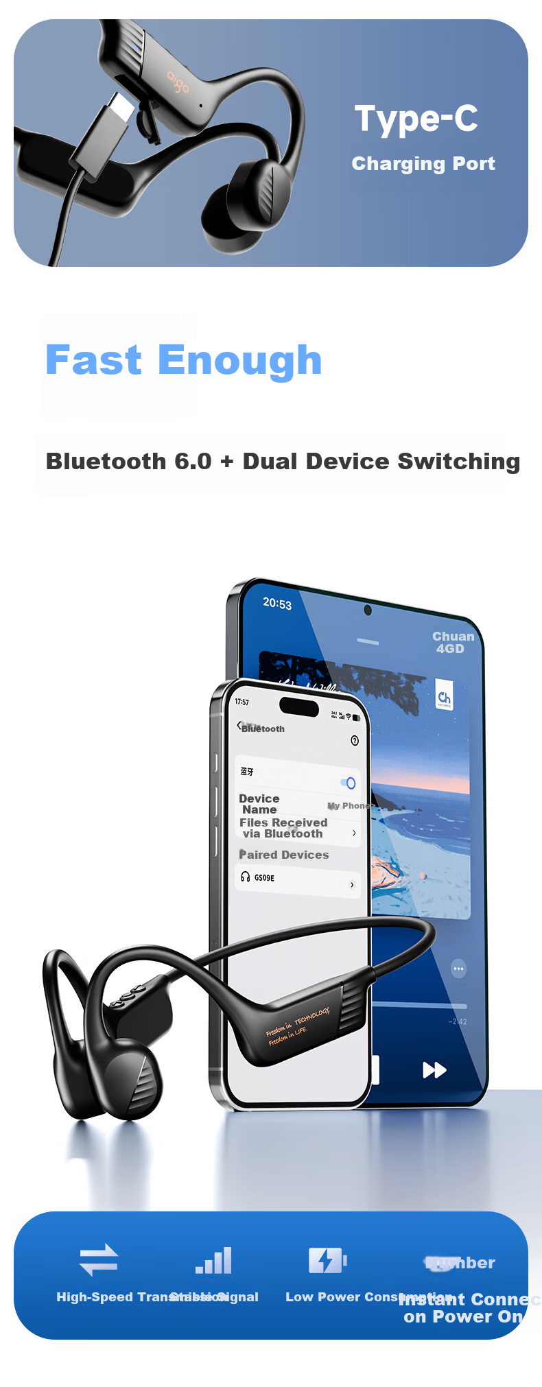 Aigo Bone Conduction Bluetooth Sports Earphones for Kids IP56 Dustproof Waterproof Open Wireless Marathon Cycling Running Ear Hook Long Battery Life GS09e Black 5