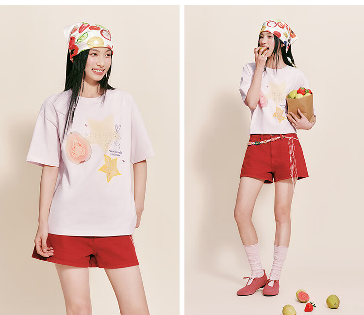 Semir Women's Summer Short Sleeve T-Shirt Mid-Length Loose Pure Cotton Rhinestone Fruit Pullover 2026 109326100028 14